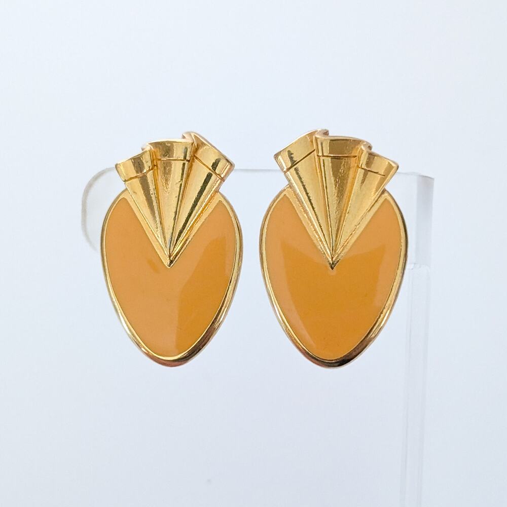 Vintage Avon Clip On Earrings Pleated Fanfare Yellow Enamel & Gold Tone